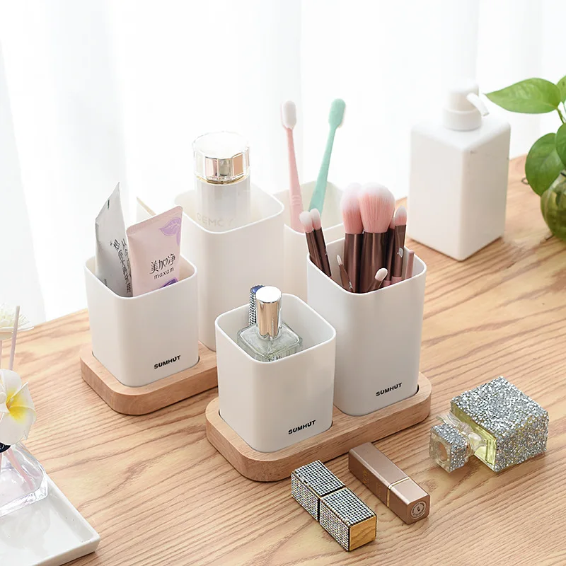 

Multi-function desk top bathroom kitchen cosmetics kitchenware multi-compartment storage and finishing solid wood storage box