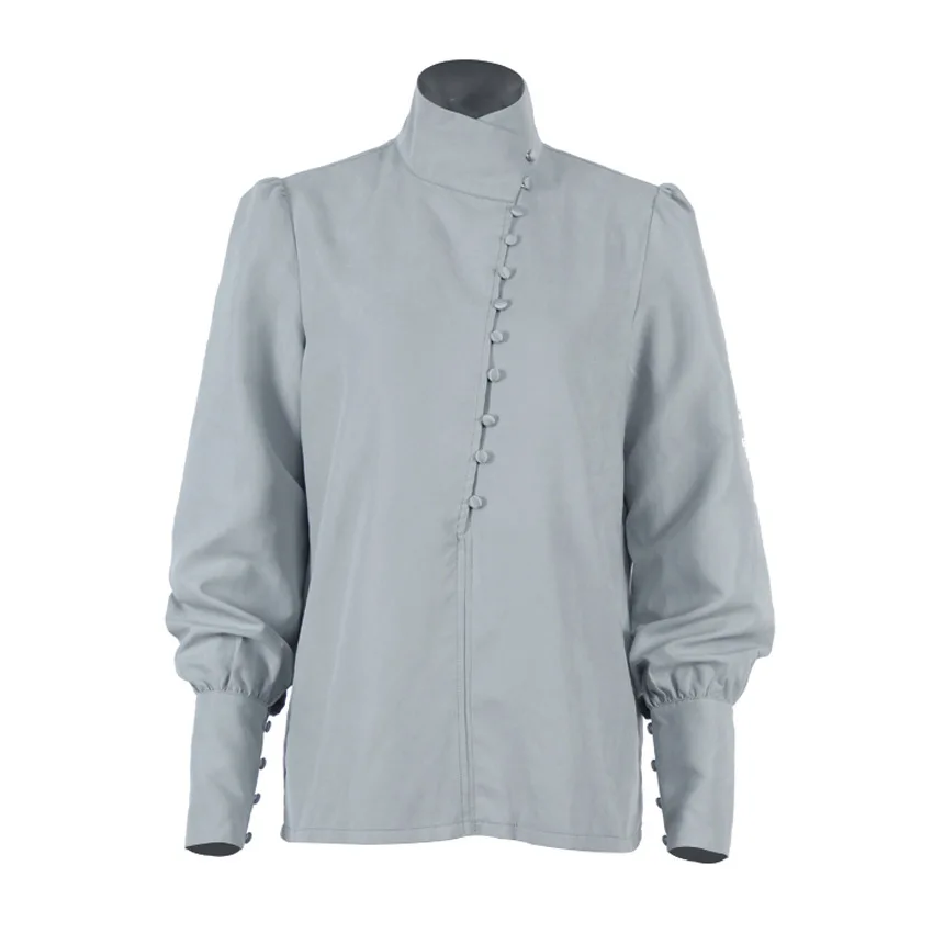 

Ladies Elegant Turtleneck Long Sleeve White Blouse Shirt Women Top Casual Solid Single-Breasted Puff Sleeve Women Blouses Blusas