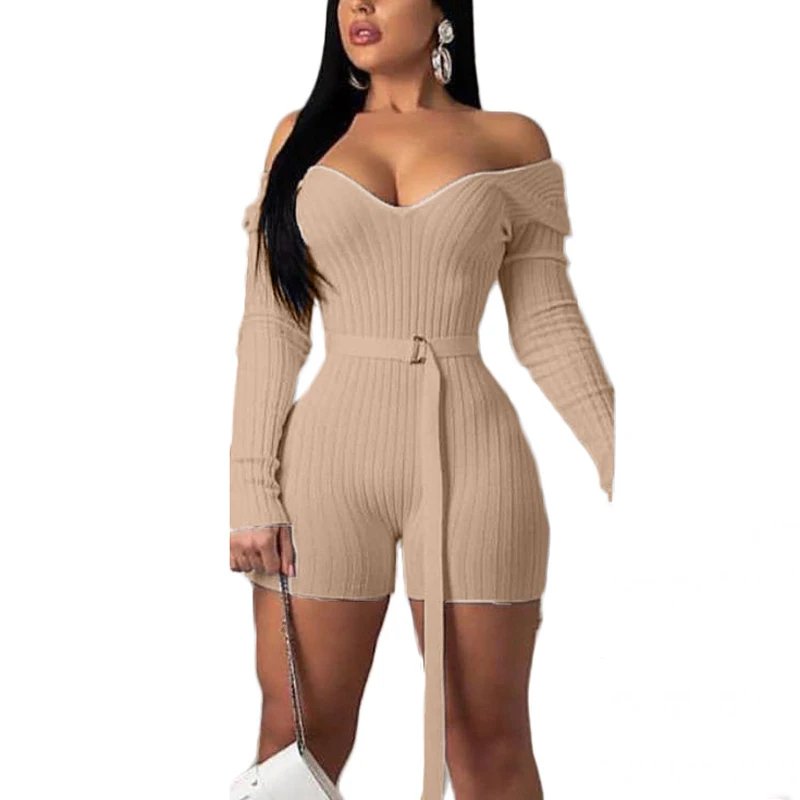 Women Knit Bodycon Off Shoulder Belted Playsuit Sexy Casual Chic Rompers Female Summer Fall Streetwear Overalls | Женская одежда