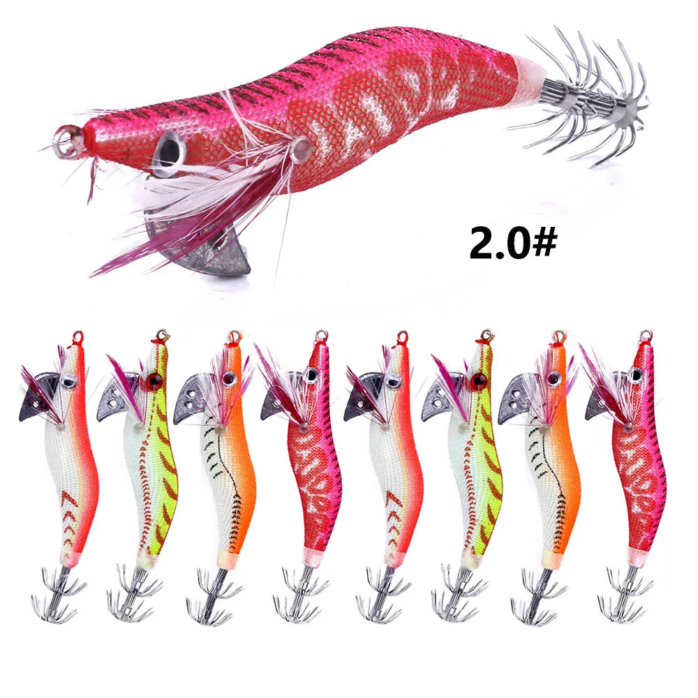 

8PCS Fishing Lures Wrapped Prawn lure octopus Shrimp Wood Baits Squid Jig Fishing Hooks 8CM 7.4G 2.0#