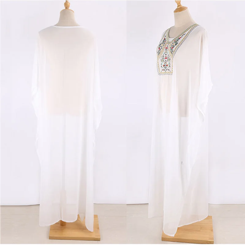 

FORERUN White Beach Dress Women Chiffon Trapsparent Embroidery Summer Dresses Long Bikini Cover Up Pareo Salida De Playa Mujer
