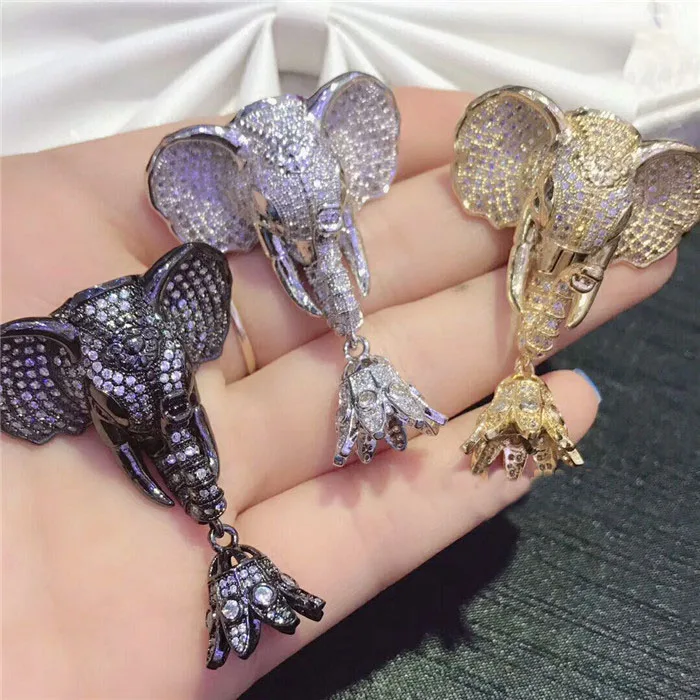 

Women's 32x50mm golden plated cubic zircon Micro Pave elephant pendant tassel