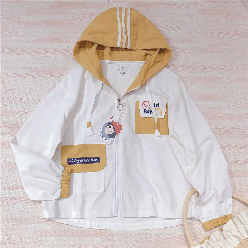 

Japanese Early Autumn Vitality Girl Preppy Childlike Hooded Coat Women Contrast Letters Embroidery Pocket Tops Student