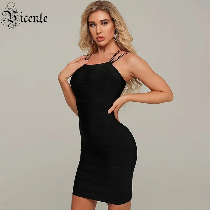 

VC Free Shipping Chain Spaghetti Strap Dress Sexy Cross Blackless Bodycon Vestidos Celebrity Christmas Party Bandage Dress