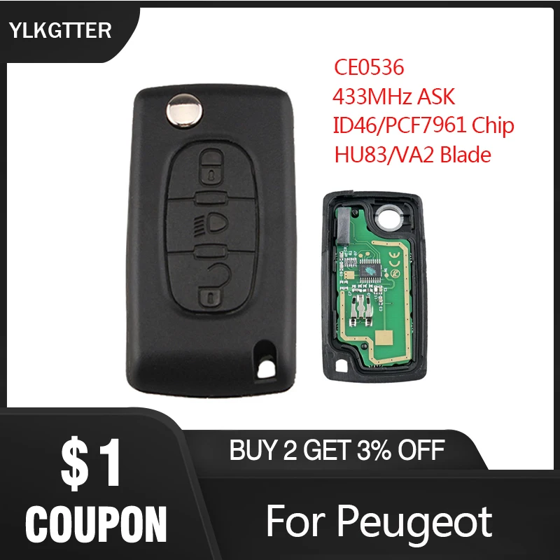 YLKGTTER 433 МГц откидной складной дистанционный ключ для Peugeot 207 307 208 308 408 с чипом
