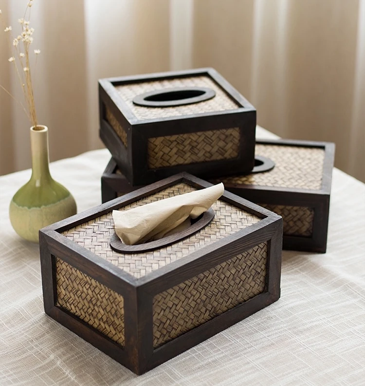 

Wood Bamboo Weaving Tissue Box Vintage Napkin Holder Case Clutter Storage Container Box Living Room Desktop Decoration ZB200
