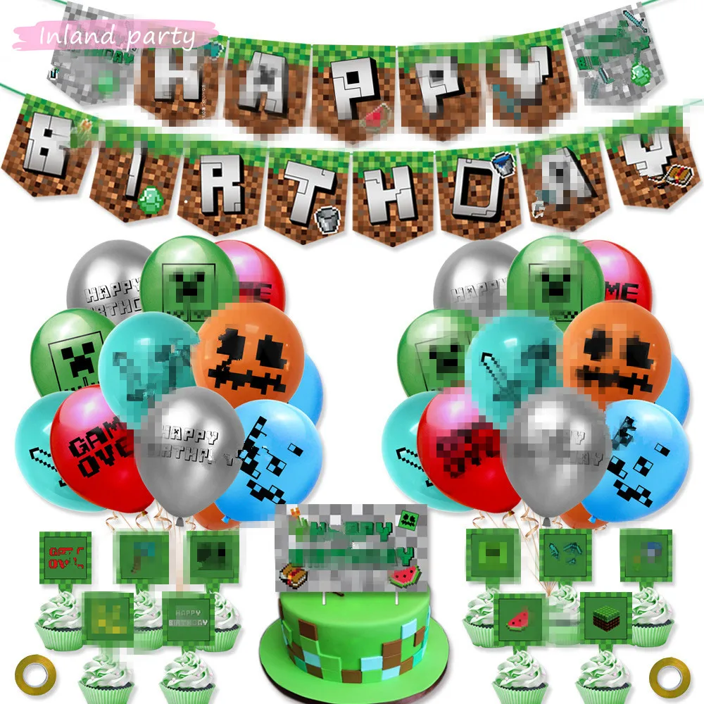 

Pixelated Balloons Cartoon Game Theme Ballons Happy Birthday Banner Garland Party Decoration Banners Baby Shower Kit Boy Kid Toy