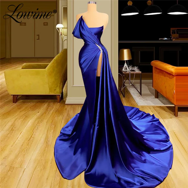 

Lowime Elegant Long Train Evening Dresses Dubai Strapless Arabic Pleats Pearls Party Gowns 2021 Couture Saudi Arabia Prom Dress