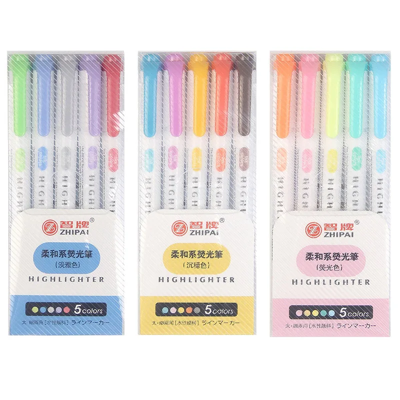 

5Colors/box Midliner Highlighter Pen Fluorescent Markers Double Headed Highlighters Art Marker Art Supply Japanese Stationery