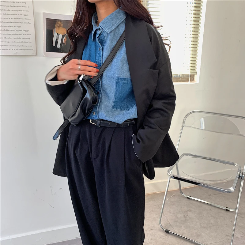 HziriP OL Style Elegant Women Denim Blouse 2020 New Long Sleeve Stitching Loose Jeans Shirt Vintage Office Ladies Tops Blusas |