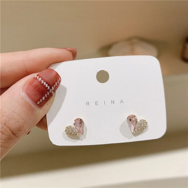 

s925 silver needle earrings Korean simple crystal stitching love earrings ladies sweet and romantic gold-plated jewelry gifts