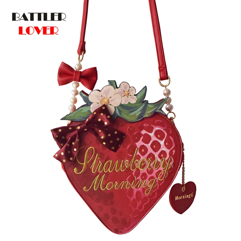 

Girls Lolita Sweet Heart Shaped Strawberry Handbag For Women Makeup Shoulder Messenger Satchel Purse Bag Bowknot Pearls New 2021