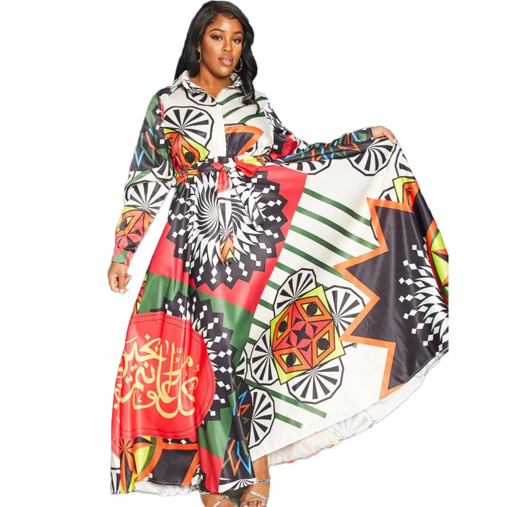 

Plus Size Clothing Printed Long Sleeve Shirt Maxi Dress Women African Ethnic Style Long Skirt Casual Loose Party Dress Vestidos