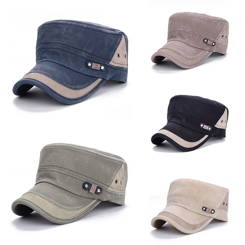 

Vintage Spliced Military Cap Spring Summer Unisex Flat Top Baseball Caps Sun Hat Cotton Flat Cap Trendy Korean Style Hat