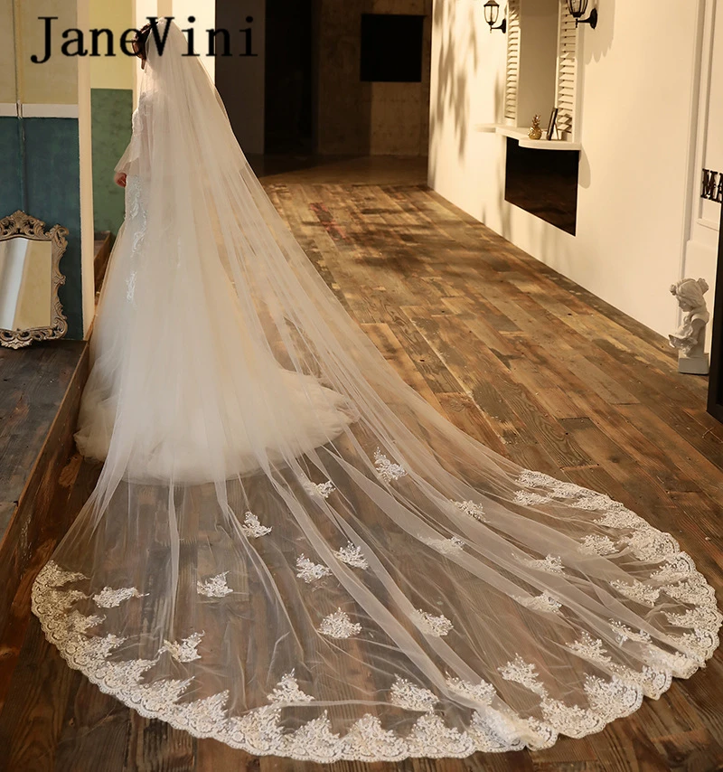 

JaneVini White Tulle Bridal Veils Two Layers 3M Luxury Long Wedding Veil with Comb Lace Appliques Edge Brides Hair Accessories