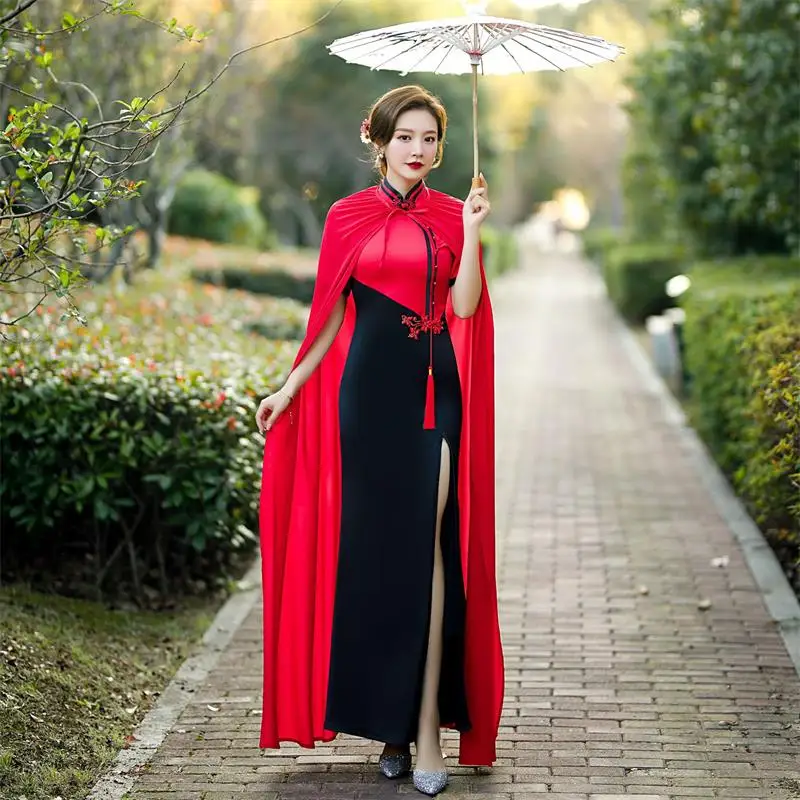 

Черные модные Cheongsam для женщин с рукавом средней длины для мамы в винтажном стиле вечернее Вечерние платья длинный халат Чонсам Китайская т...