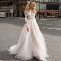 lorie charming lace wedding dresses beach a line bridal gowns illusion long sleeve open back princess party dresses custom made