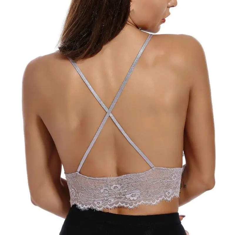 

Plus Size Deep V Sexy Bra Women Lace Embroidery Push Up Strappy lingerie Femme Padded Underwear Crop Bra Top