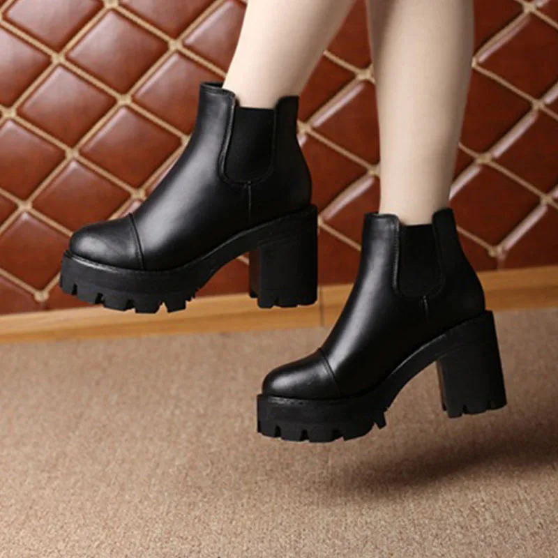 

CEYANEAO 2020 Autumn Winter Women Ankle Boots Genuine Leather Thick High Heel Boots Women Warm Platform Boots Black Ladies Shoes