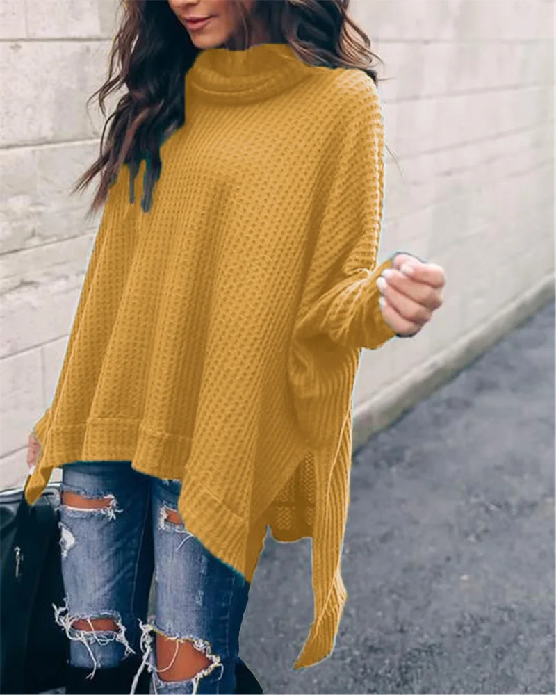 Весна осень Высокий воротник женский свитер свободный рукав летучая мышь сплошной цвет пуловер свитер мягкий модный теплый свитер