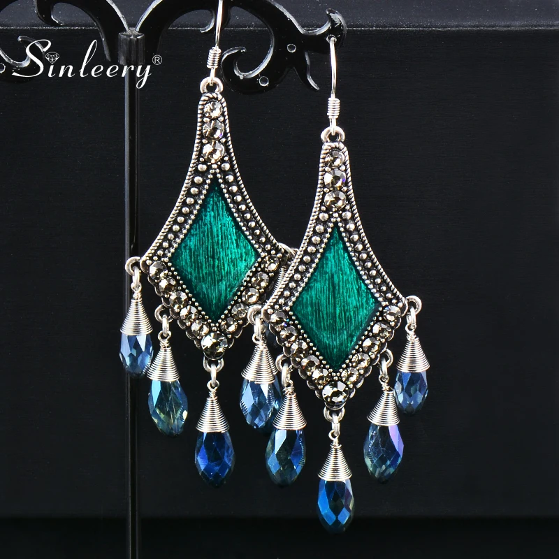 

SINLEERY Bohemia Teardrop Zircon Big Earrings For Women Green Black Enamel Long Earring Retro Jewelry Accessories ES606 SSP
