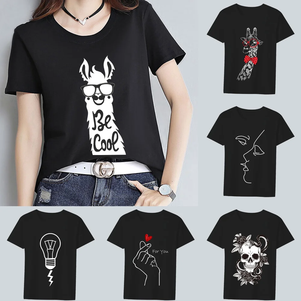 

Basic T-shirt Women's Clothing Black Casual Tops White Pattern Print Slim Fit Commuter Ladies Round Neck Soft Short Sleeve Tees