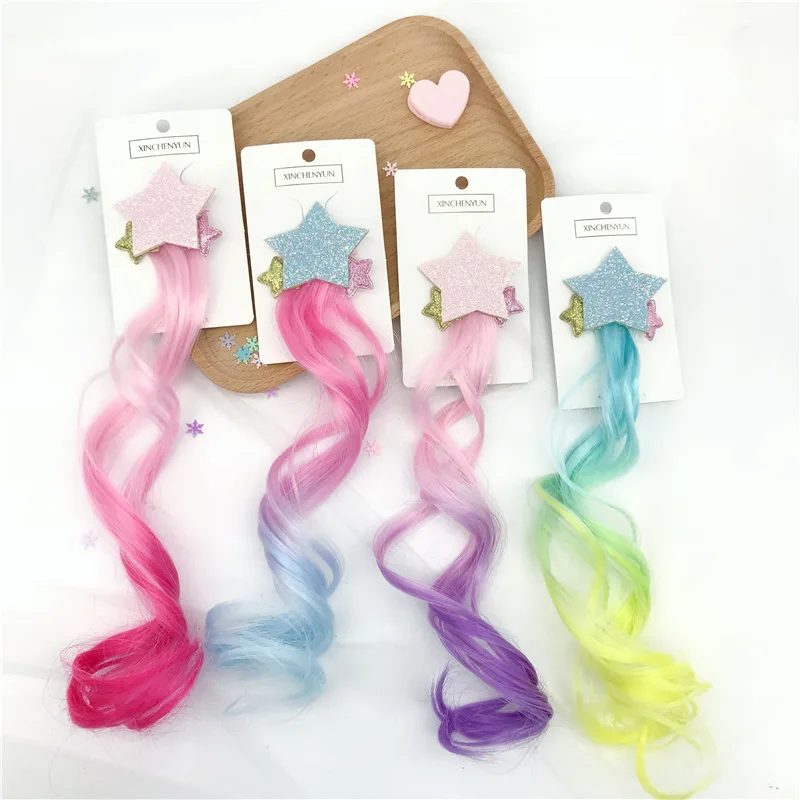 

ncmama NEW Glitter Star Hair Clips for Girls with Long Colorful Gradient Wig Ponytail Barrettes Children's Hair Accessories