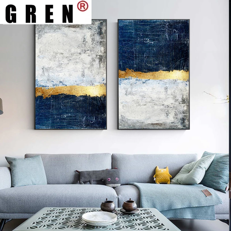 

GREN Abstract Gold Wave Block See Painting Blue Poster Spray Printing Modern Golden Wall Art Picture Living Room Home Decor