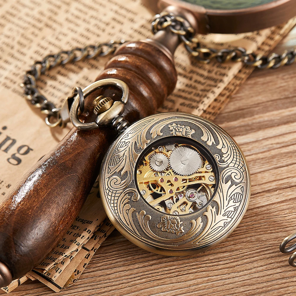 Gold Bronze Mechanical Pocket Watch Hollow Octopus Hand Wind Mechanical Watch Fob Chain Unique Skeleton Steampunk Clock reloj