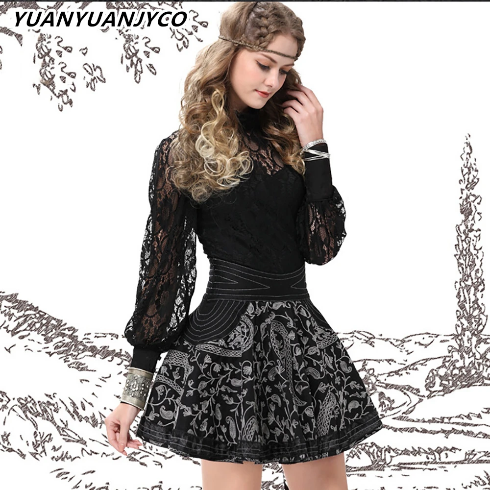 

YUANYUANJYCO Autumn Spring Women Mini Indie Folk Cotton Skirt BSQ3 Vintage Elegant Embroidery Elastic High Waist Short Clothes