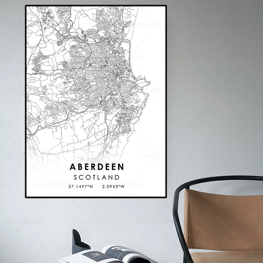 Черно-белая карта города Шотландии Абердин, плакат HD печать на холсте художественной живописи нордического ландшафта для домашнего декора.