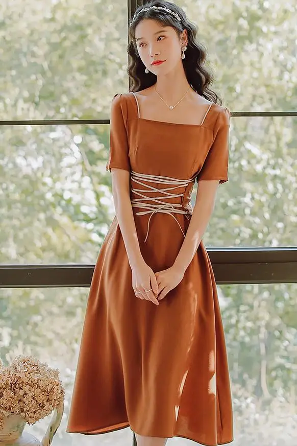 

COIGARSAM French Style Women dress Summer Vintage Dresses Caramel Color 5227