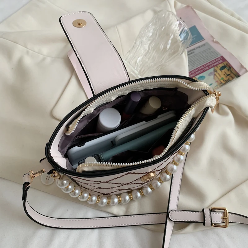 

Rhombus Plaid Bucket Shoulder Bags for Women Pearl Chain Crossbody Bags Female Quilted Leather Handbags Lattice Small Tote Bag
