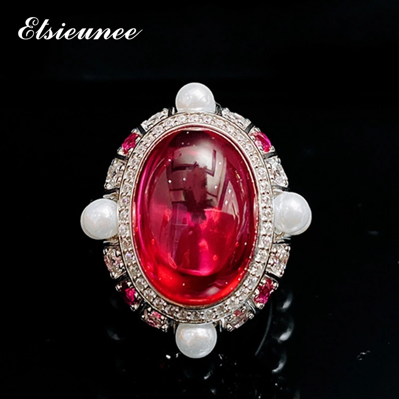 

ELSIEUNEE 100% реальные 925 стерлингового серебра Большой Размеры красный жемчуг кольца на годовщину свадьбы, хорошее ювелирное изделие, кольцо, оп...