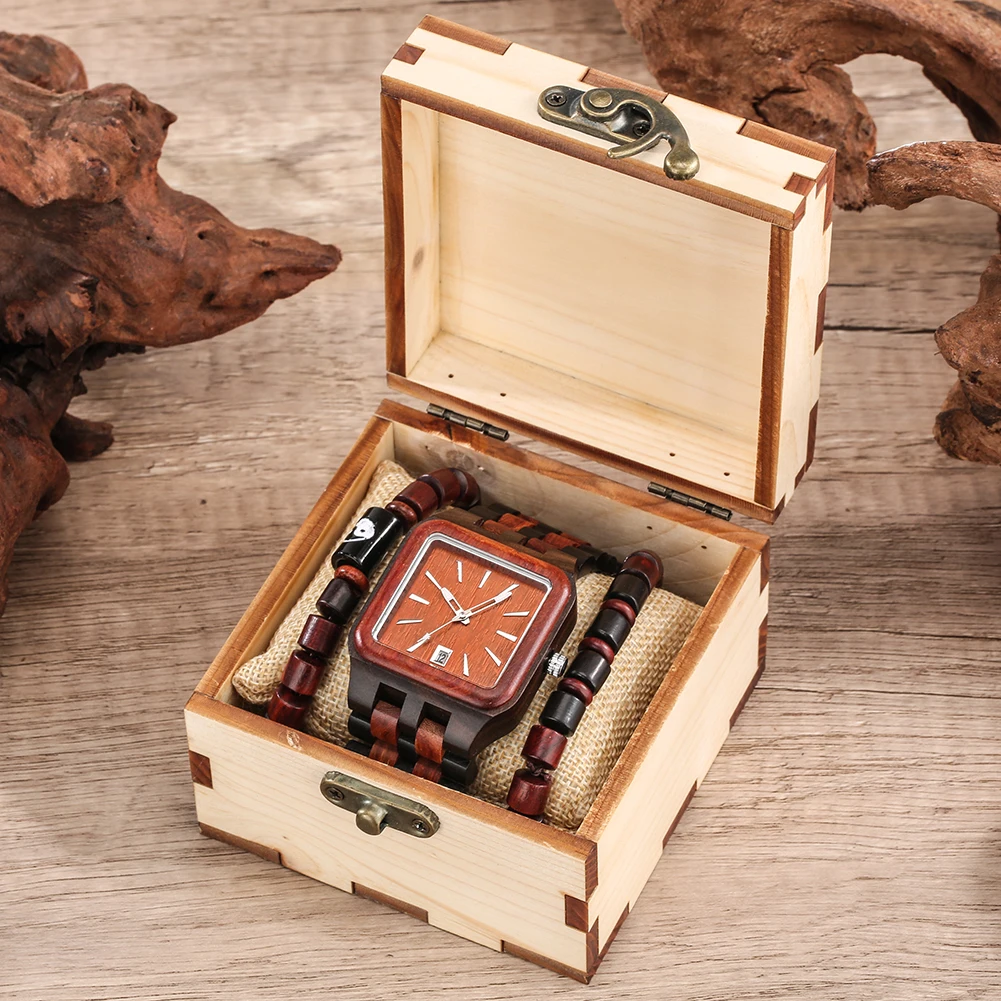 

Classical Quartz Wristwatch with Calendar Business Clock Men Watch Bracelet Set Antique Wrist Watch Wood Case Wooden Band Watch