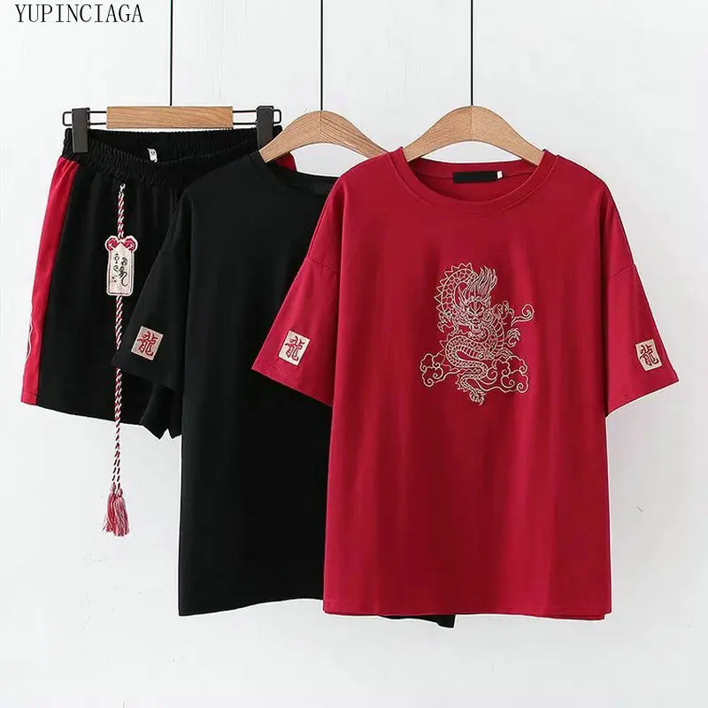 Women's Sets Chinese Style Totem Embroidery O-neck Short Sleeve T shirt + Patchwork Tassel High Waist Shorts Girl 2 Piece Set