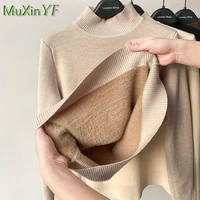 fleece sweater womens 2021 fall winter new warmth thick half high collar with mink velvet slim bottoming shirt womens clothes