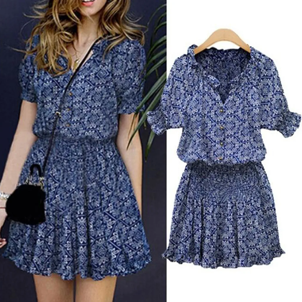 

65# Dress Women Summer Casual Vacation Bohemian Beach Dress Cotton Floral Print V-neckline Fashion Short Sleeve Mini Dress