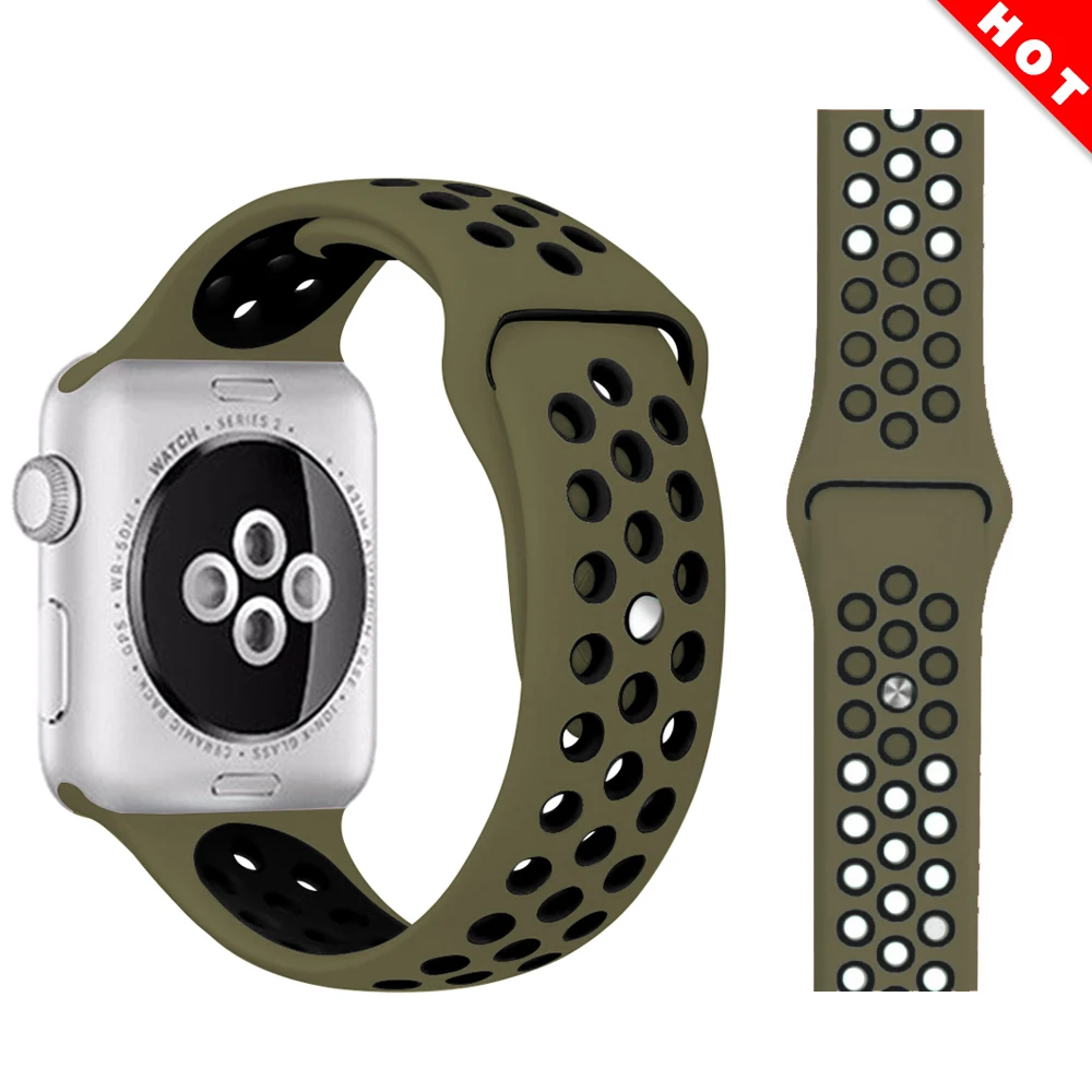 Olive green black Ремешок для Apple Watch, мягкий силиконовый сменный Браслет серии 5, 4, ремешок для часов 44 мм, 40 мм, iwatch, ремешок серии 1, 2, 3, 38 мм, 42 мм - Цвет ремешка: Olive green black