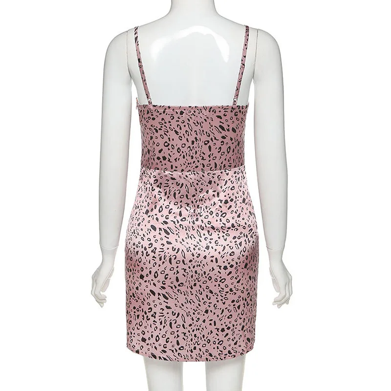 

Spaghetti Strap Leopard Print Satin Mini Dress Women Sexy Backless Clubwear Y2k Aesthetic E-girl Bodycon Dresses Summer 2020