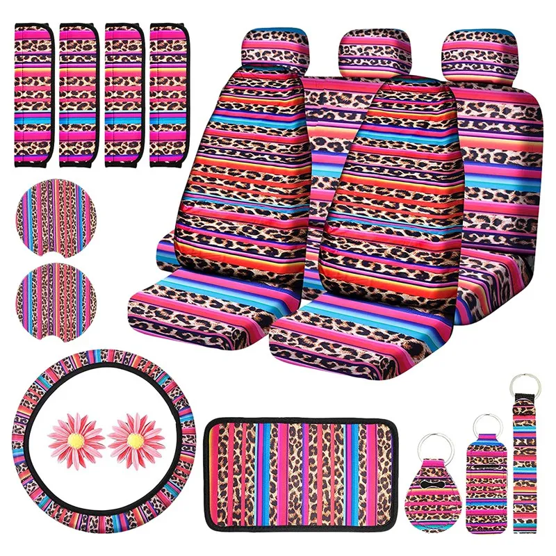 

20PCS Colorful Leopard Car Seat Cover Kit, Steering Wheel Cover, Seat Belt Pads, Coasters, Armrest Pad, Headrest Cover