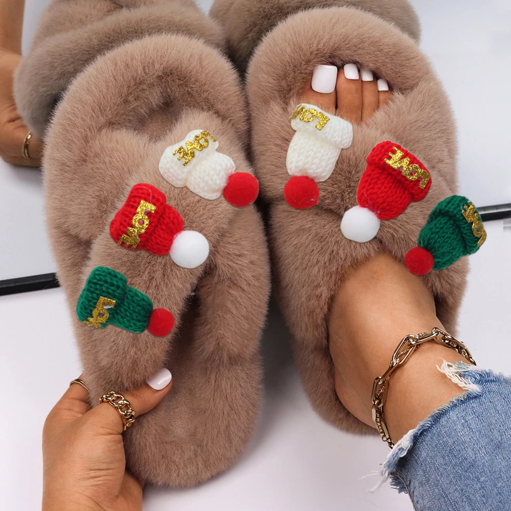 Furry Slippers Women Christmas woolen hat Decor Faux Fur Slides Ladies Flip Flops Designer Fur Sandals Bedroom Slippers Shoes
