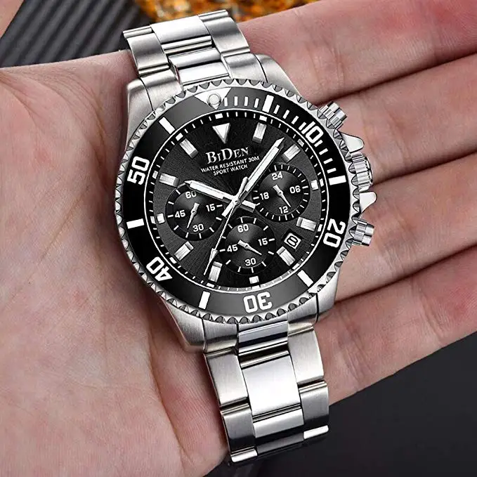 

Biden 2021 Mens Watches Top Brand Luxury Silver Waterproof Clock Stainless Steel Man Quartz Watch Sport Chronograph Wristwatch