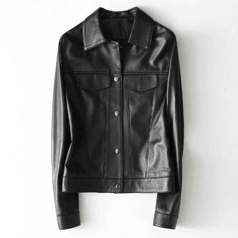 Women's New Leather Leather Jacket, Sheep Leather Jacket, Short Casual Jacket Biker Jacket Women  Black Pu Leather Jacket