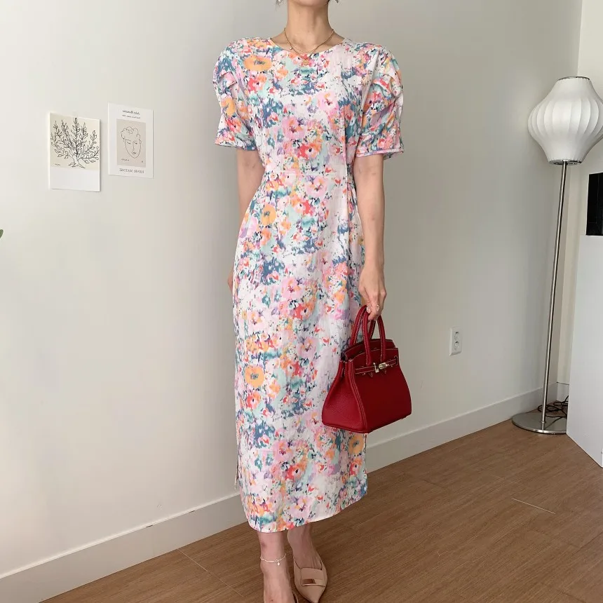 

Korean Chic Niche Lace-up Waist-Controlled Slimming Split Design Sweet Elegant Floral Short Sleeve Dress