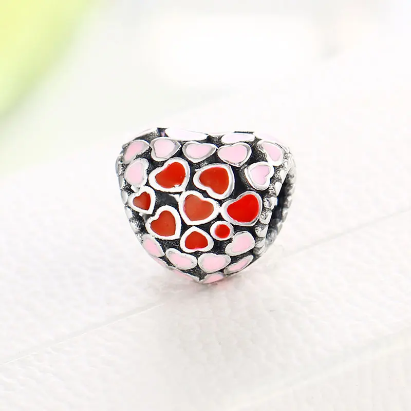 

925 Sterling Silver Pink Red Enamel Love Heart Bead Fit Original Pan Charm Bracelet Making Accessory Wedding Berloque