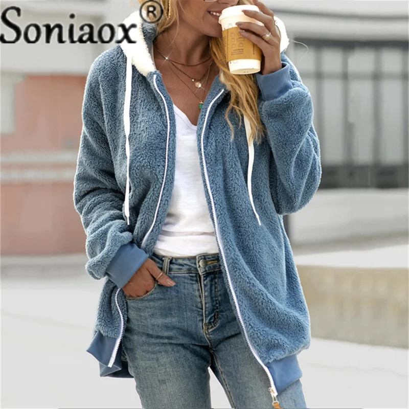 Женское плюшевое пальто с капюшоном повседневная куртка на молнии однотонная