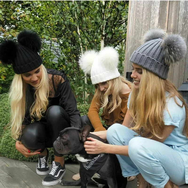 

New Winter Casual Outdoor Women's Warm Chunky Knit With Double Fur Pom Pom Cute Beanie Hats