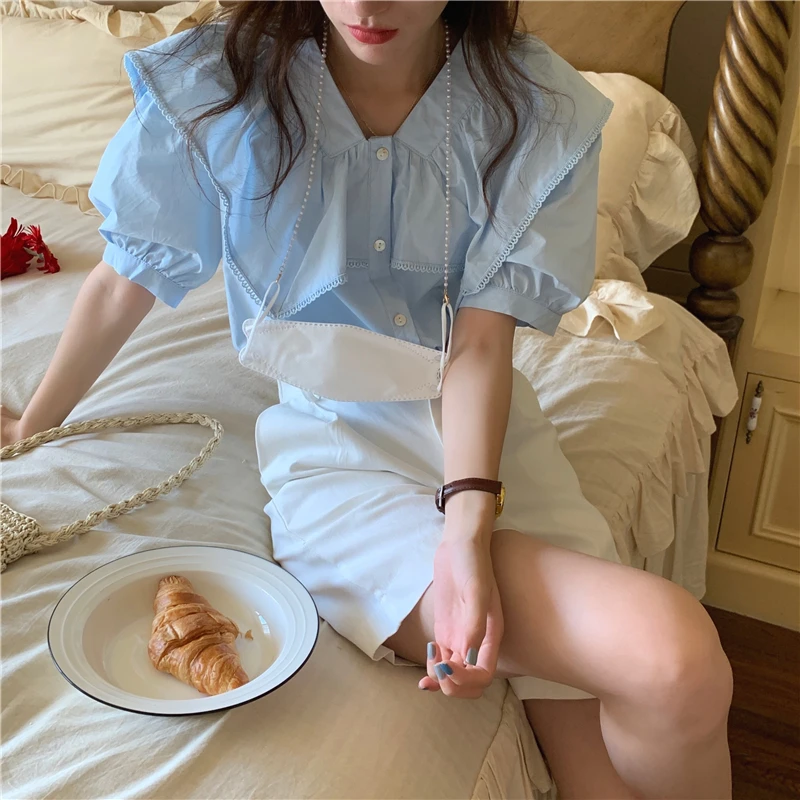 

COIGARSAM Fashion Patchwork blouse women Puff Sleeve blusas womens tops and blouses Apricot Blue 6808