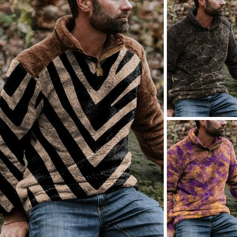 

New Autumn Winter Loose Casual Turtleneck Print Sweatshirt Men Fashion Long Sleeve Mens Plush Jacket